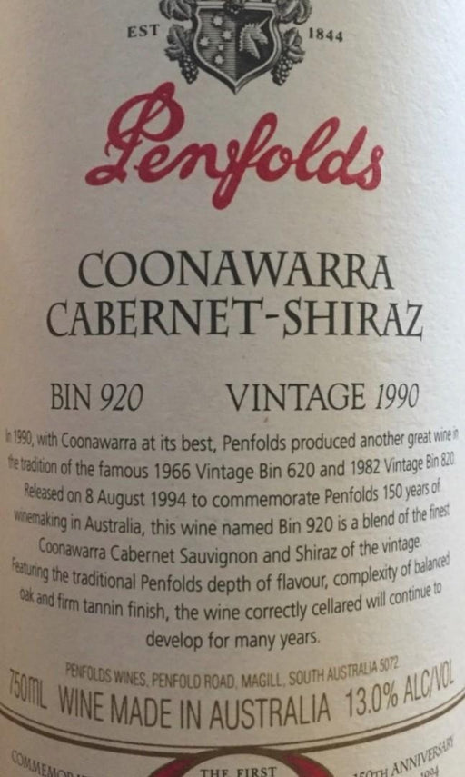 Penfolds 'Bin 920' Cabernet-Shiraz, Coonawarra 1990, 750ml - World Class Wine